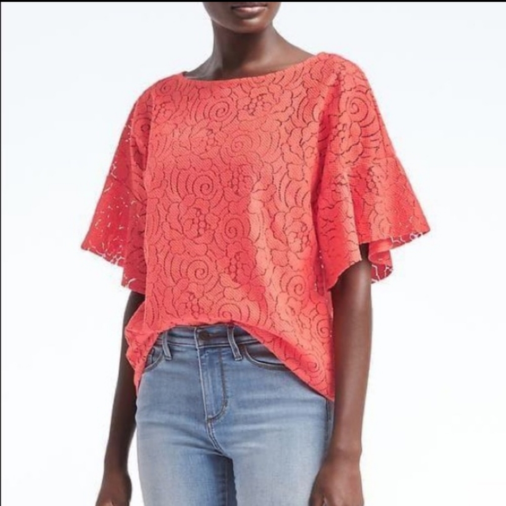 Banana Republic Coral Lace Flutter Sleeve Top